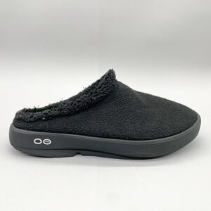 OOfos Mens 11.5 OOcoozie Recovery Mule Black Fleece Slipper Shoes SlipOn Comfort